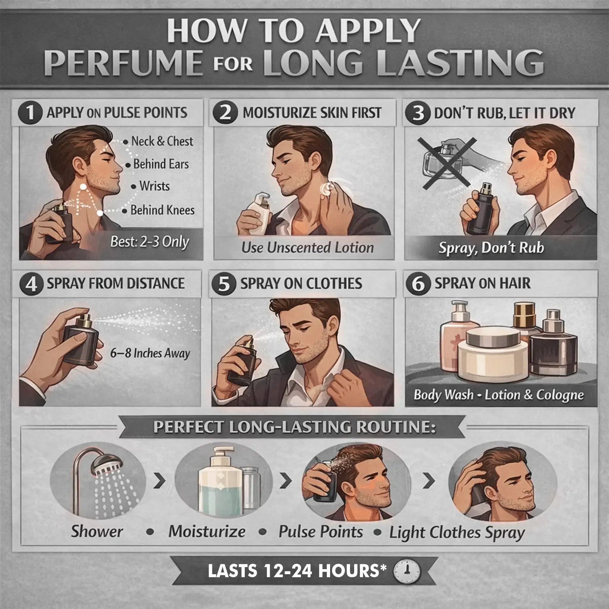 Illustrated guide showing how to apply perfume for long-lasting fragrance, with steps like moisturizing, spraying on pulse points, clothes, and hair.