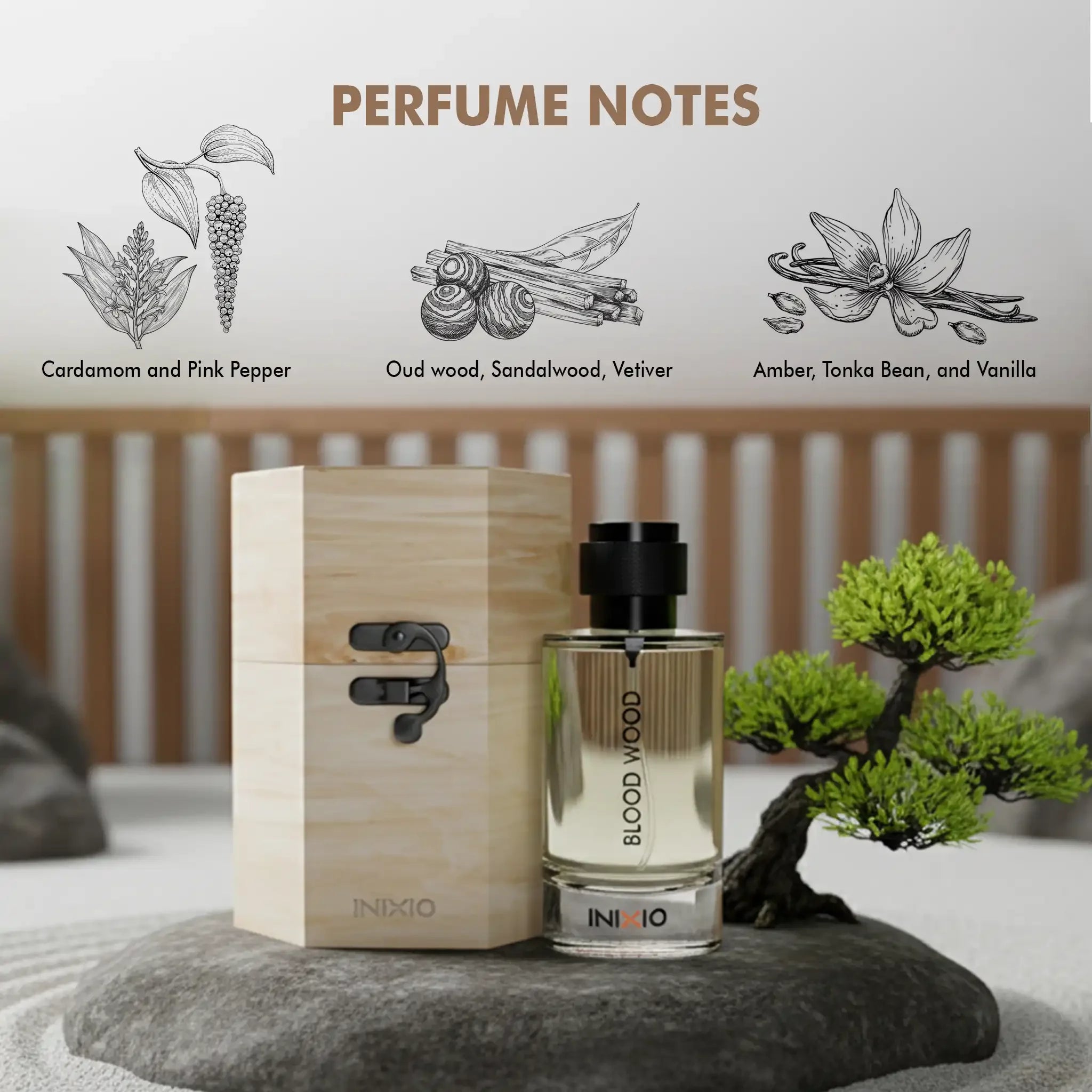 Blood Wood perfume bottle with wooden box, bonsai, and illustrated perfume notes cardamom, oud, amber.