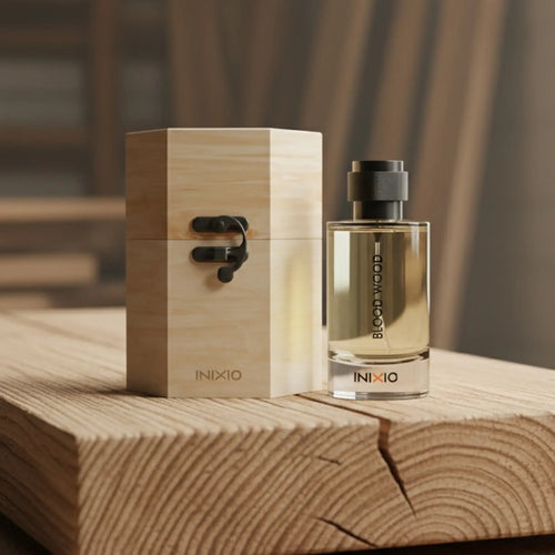 Blood Wood men's woody perfume bottle and wooden box on rustic wood surface