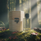 Blood Wood perfume bottle for men with wooden box on moss in a forest setting