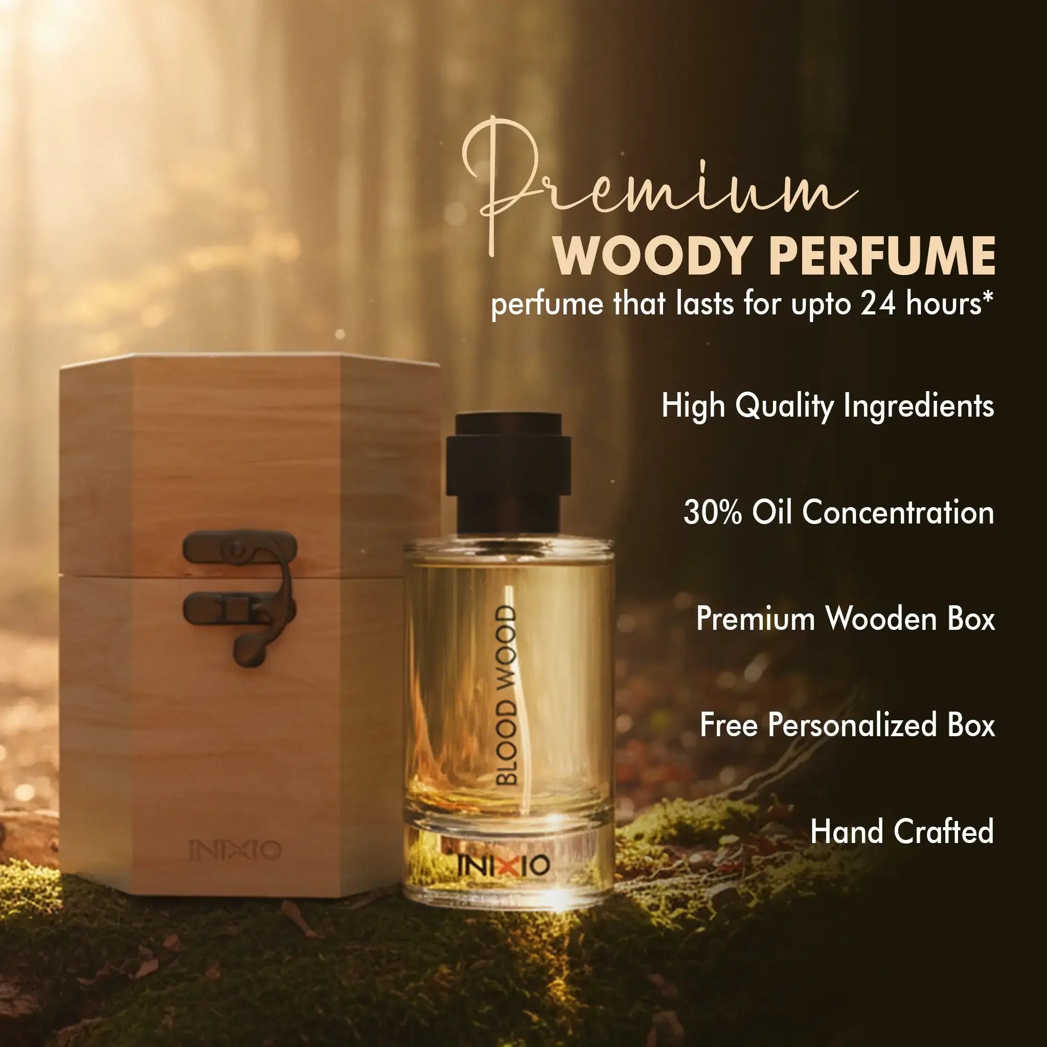 Premium woody perfume bottle labeled Blood Wood beside a wooden box in forest light.