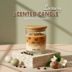 Luxury coffee-inspired scented candle in glass jar with coffee beans, flowers, and decorative eggs