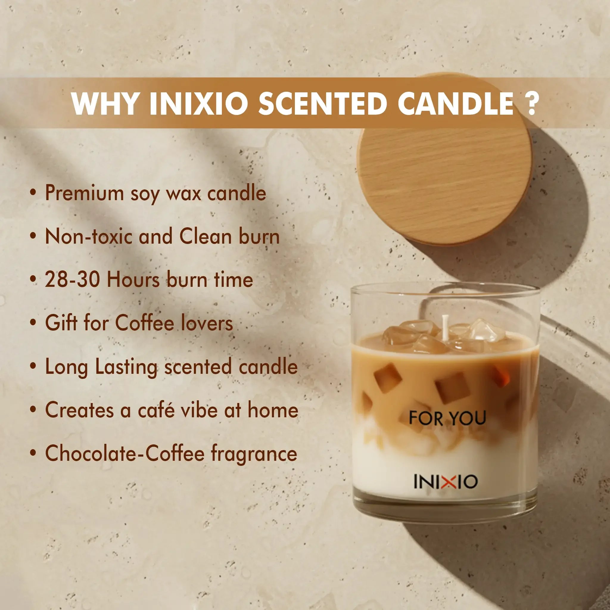Coffee-inspired soy wax scented candle with wooden lid on a textured surface, café vibe