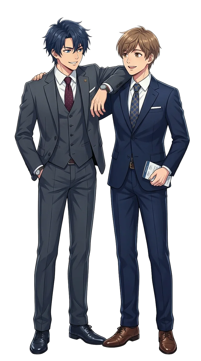 Two animated characters in formal suits standing together on a white background