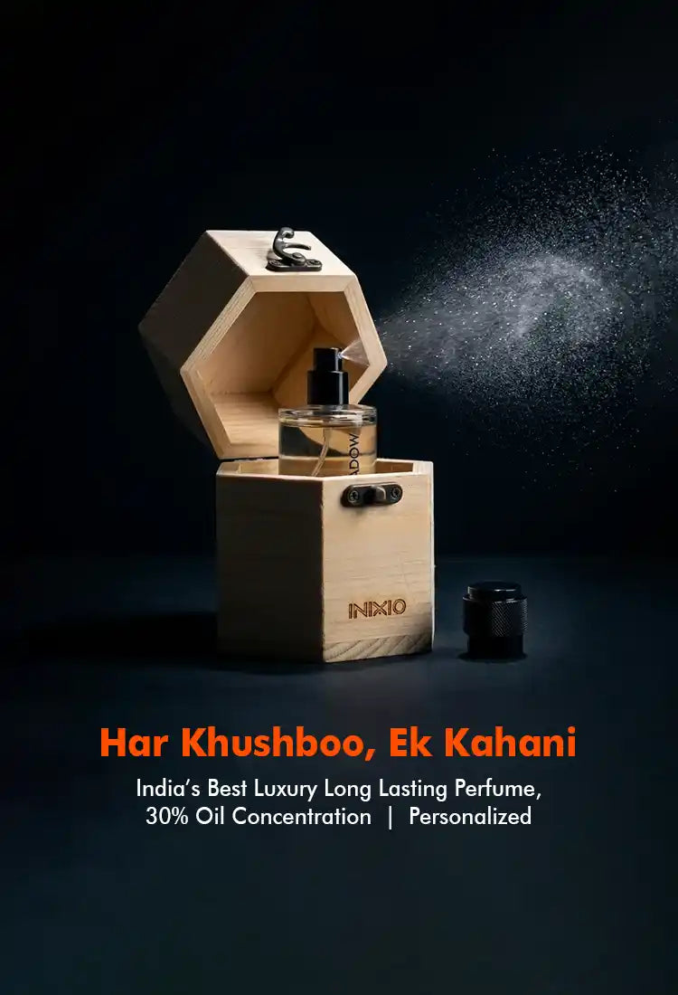 Inixio Perfume with its wooden box, showing har khushboo ek kahani, India's best luxury long lasting perfume