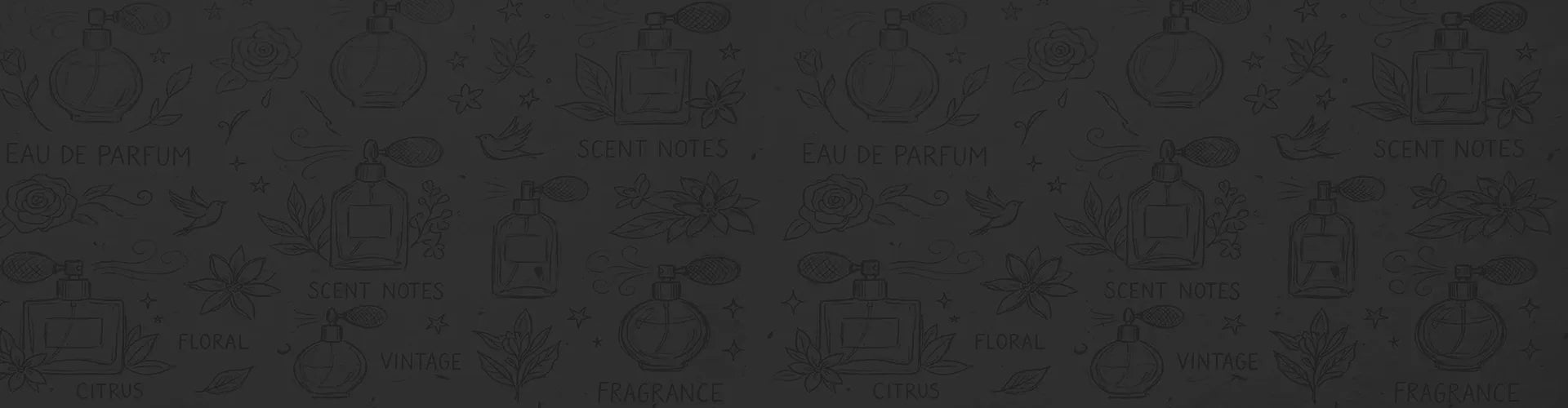 Black background with images of scent notes, fragrances and eau de parfume icons.