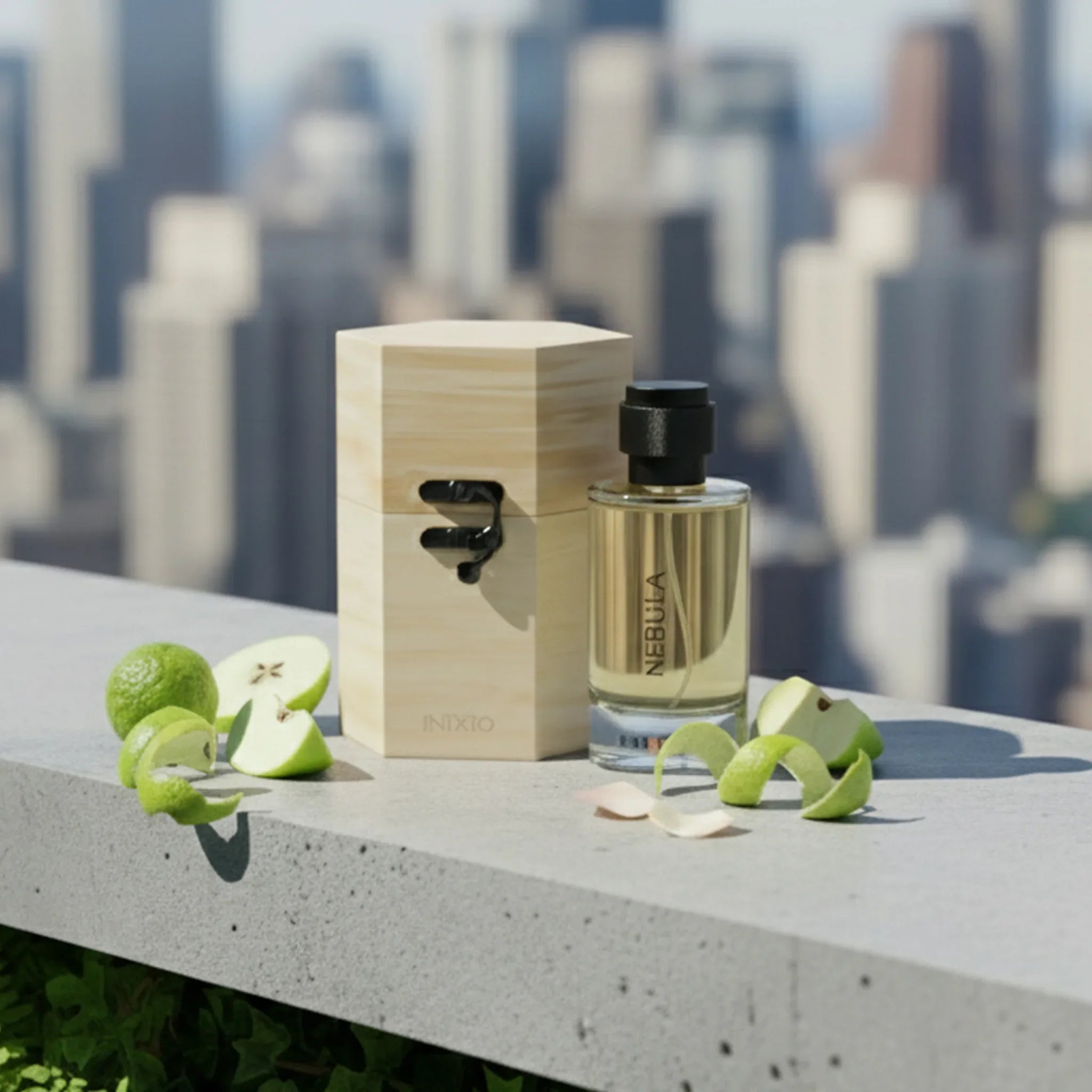 Nebula perfume bottle with wooden box, fresh apple and lime on rooftop ledge, city skyline view