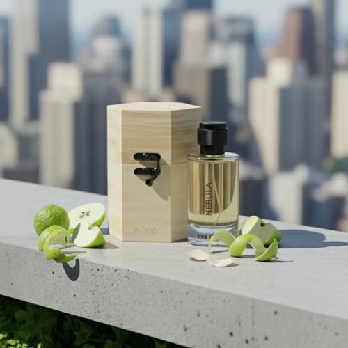 Nebula perfume bottle with wooden box, fresh apple and lime on rooftop ledge, city skyline view