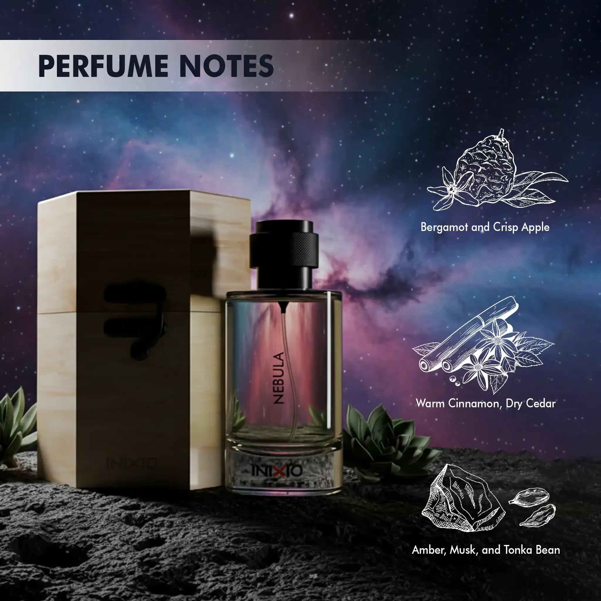 Perfume bottle labeled 'Nebula' with wooden box, cosmic background, and illustrated notes of bergamot, apple, cinnamon, cedar, amber, musk, tonka bean.