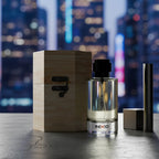 Unisex Nebula perfume bottle with wooden box, city lights in background, luxury fragrance