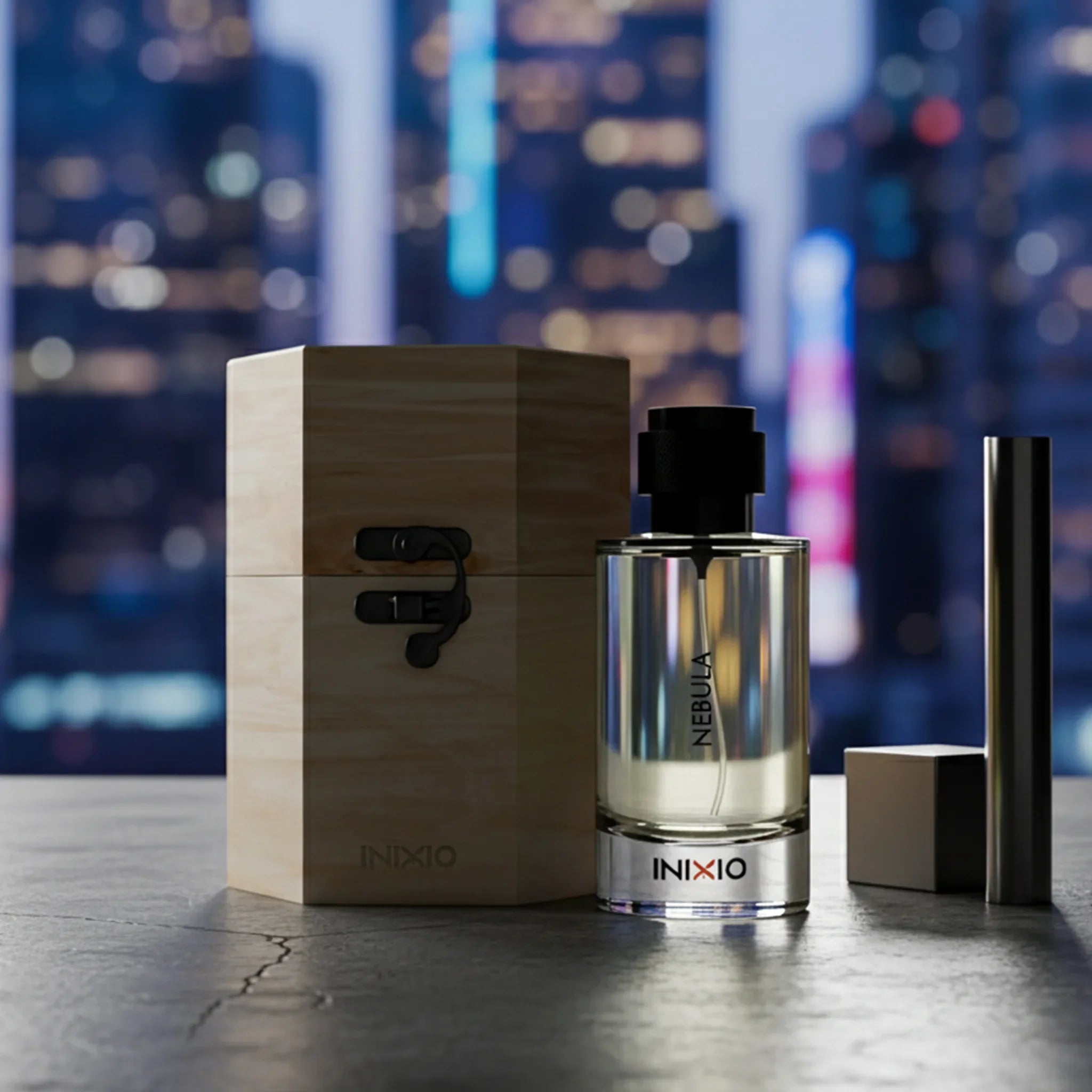 Unisex Nebula perfume bottle with wooden box, city lights in background, luxury fragrance