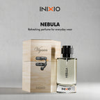 Nebula refreshing perfume bottle for everyday wear beside engraved wooden box