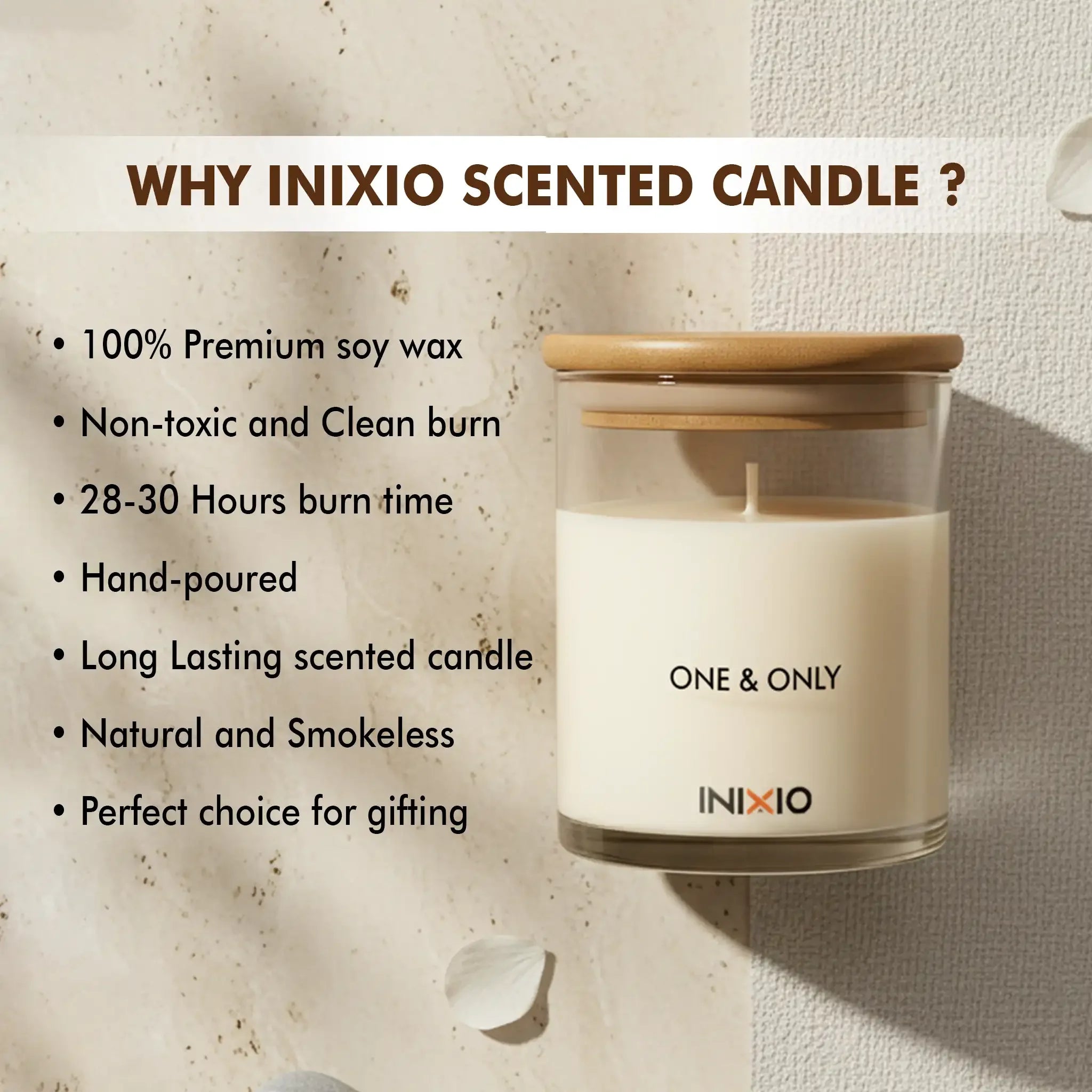 Hand-poured soy wax scented candle in glass jar with wooden lid and product benefits list.