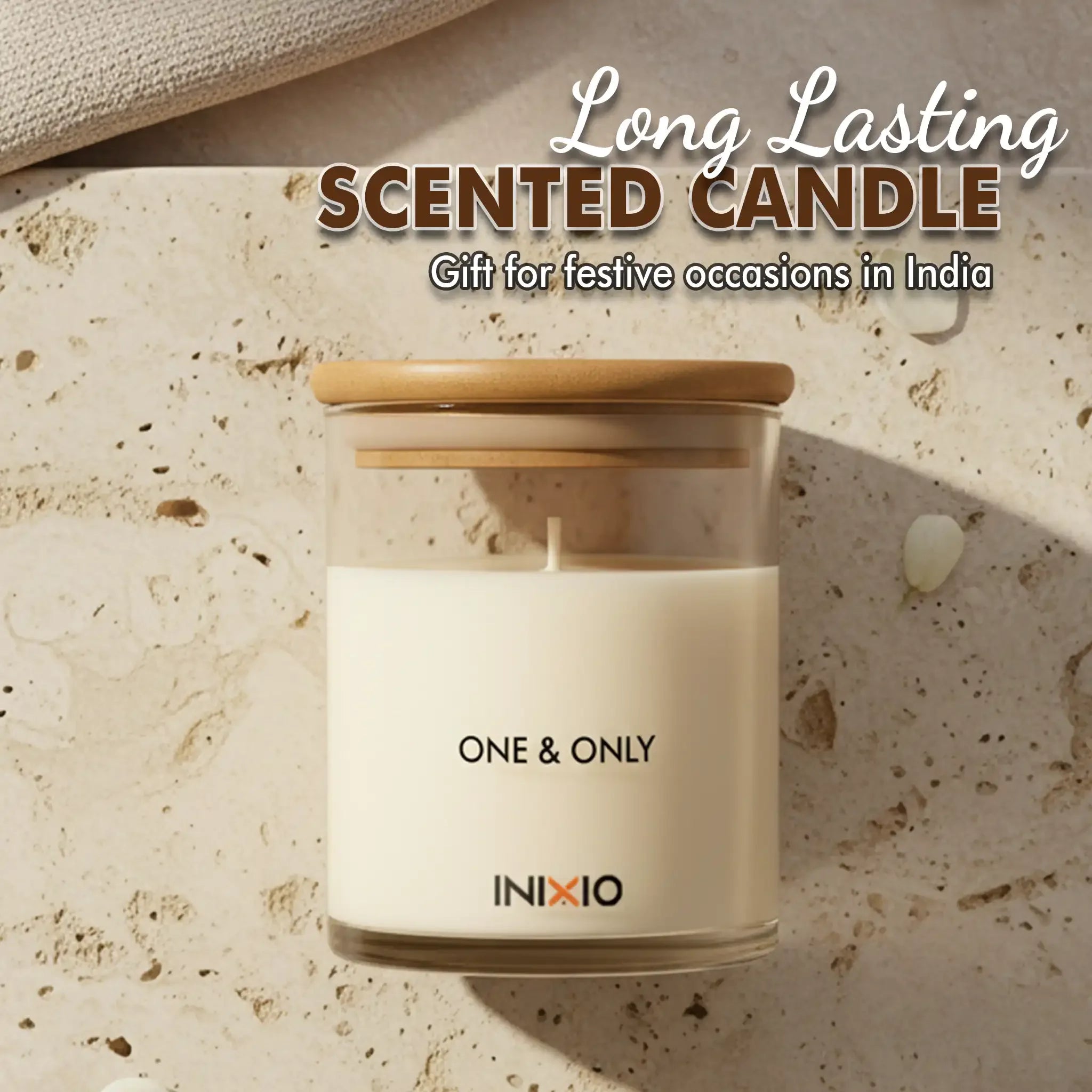 Long-lasting scented candle with wooden lid on stone surface, perfect gift for occasions