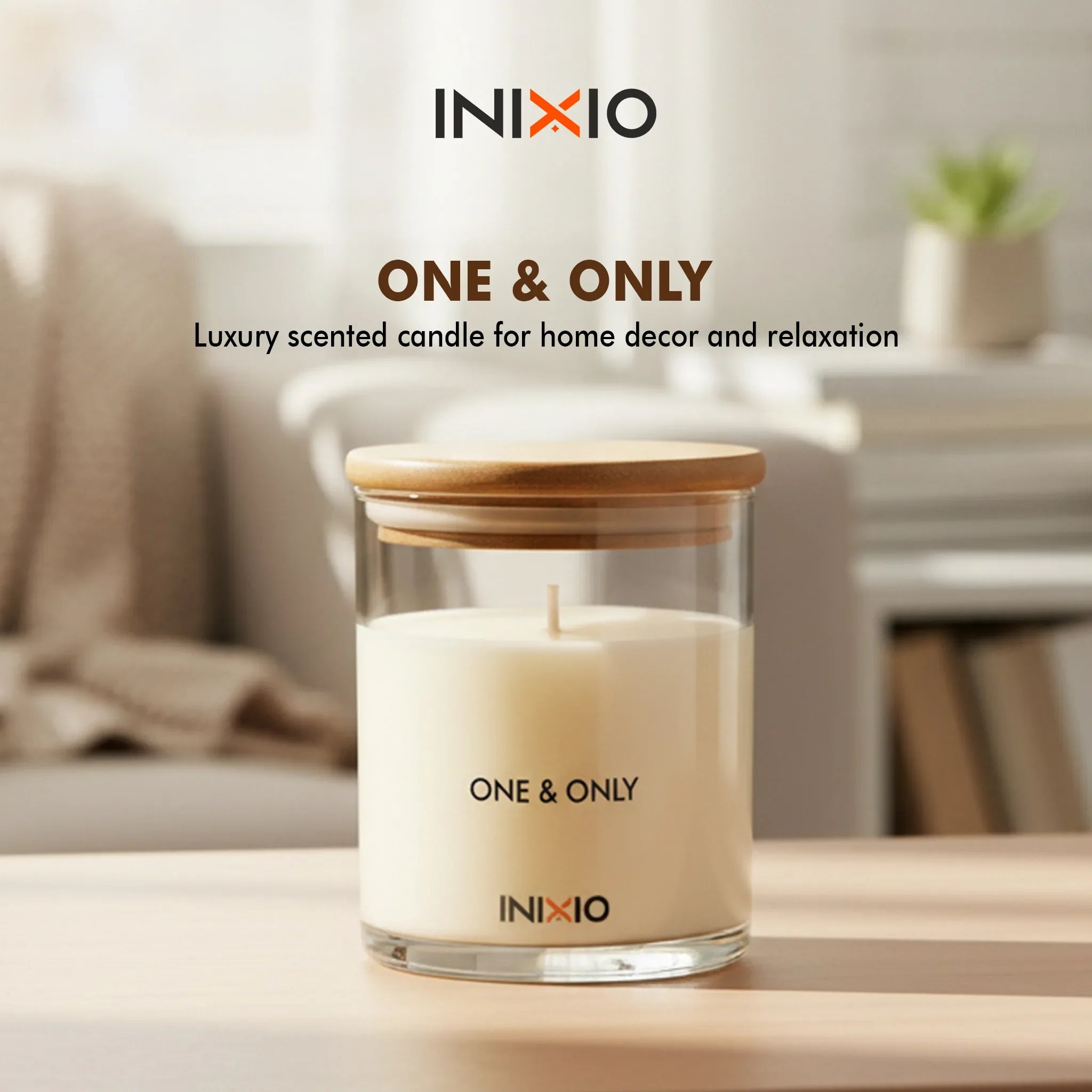 Luxury scented candle in glass jar with wooden lid on table, ideal for home decor and relaxation