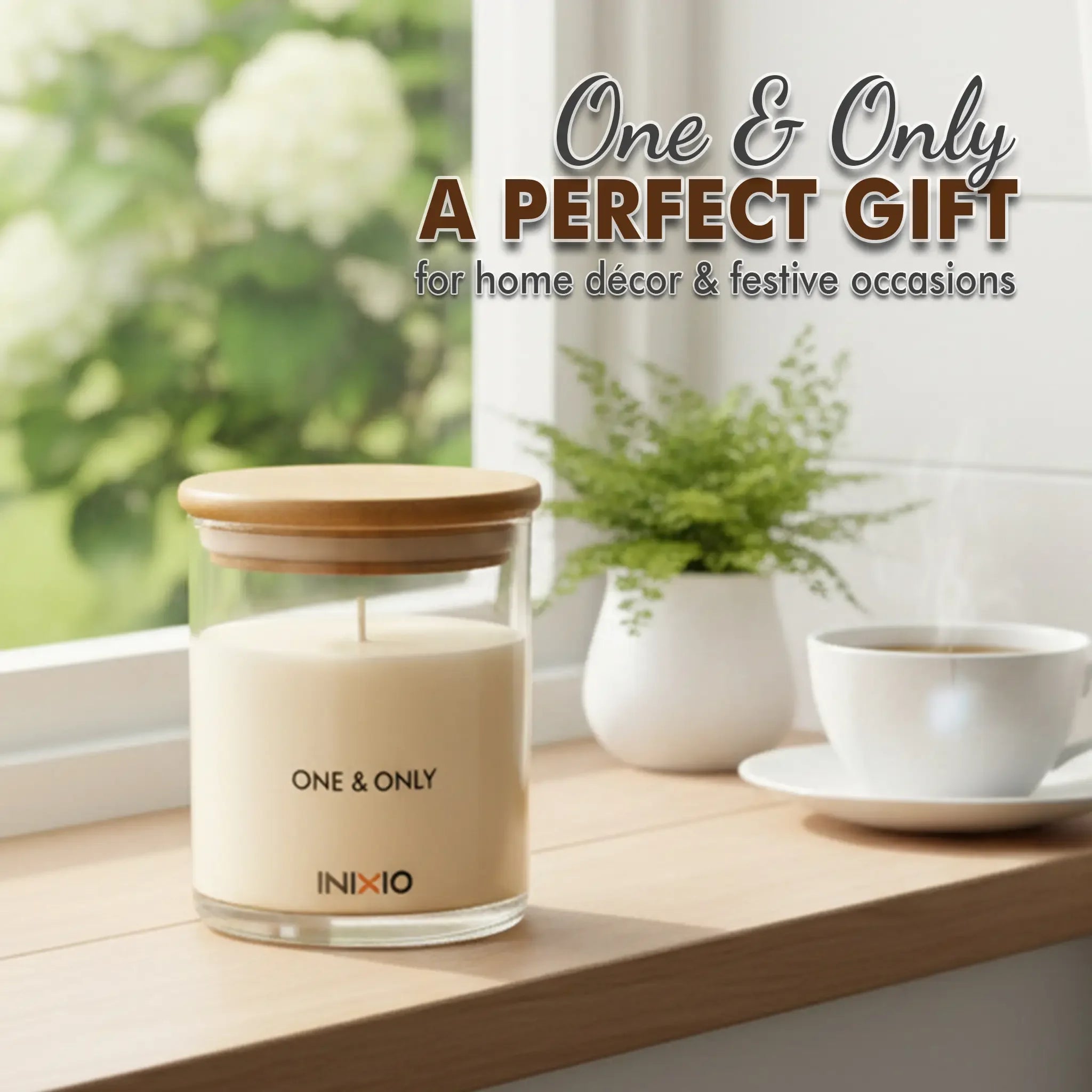 Scented soy wax candle in glass jar on windowsill with coffee cup and plant, home decor gift