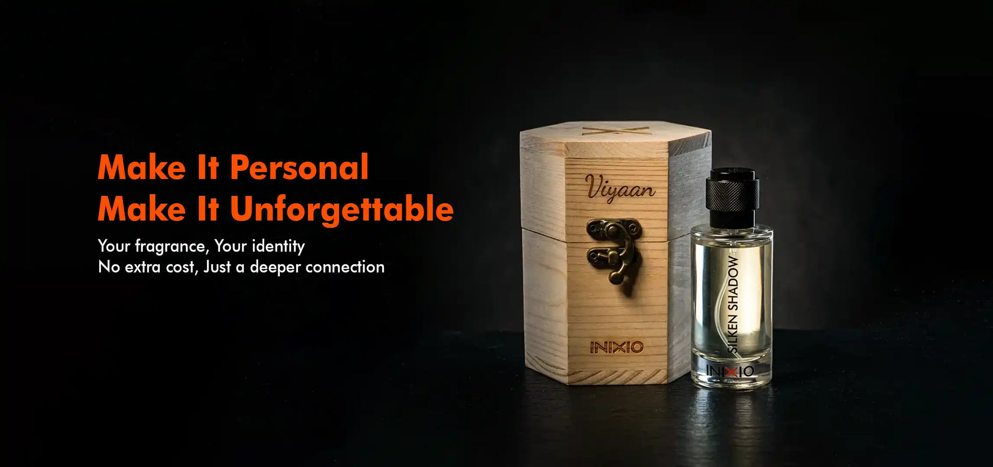Personalized name engraved perfume bottle with wooden box absolutely free on every inixio fragrance