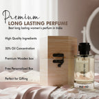 Premium women's perfume bottle labeled 'Serein Vail' with wooden gift box on lace table.