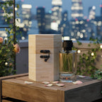 Luxury floral perfume bottle and wooden box on rooftop table with city lights and rose petals