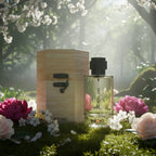 Serein Vail floral fragrance perfume bottle and wooden box in blooming garden with flowers