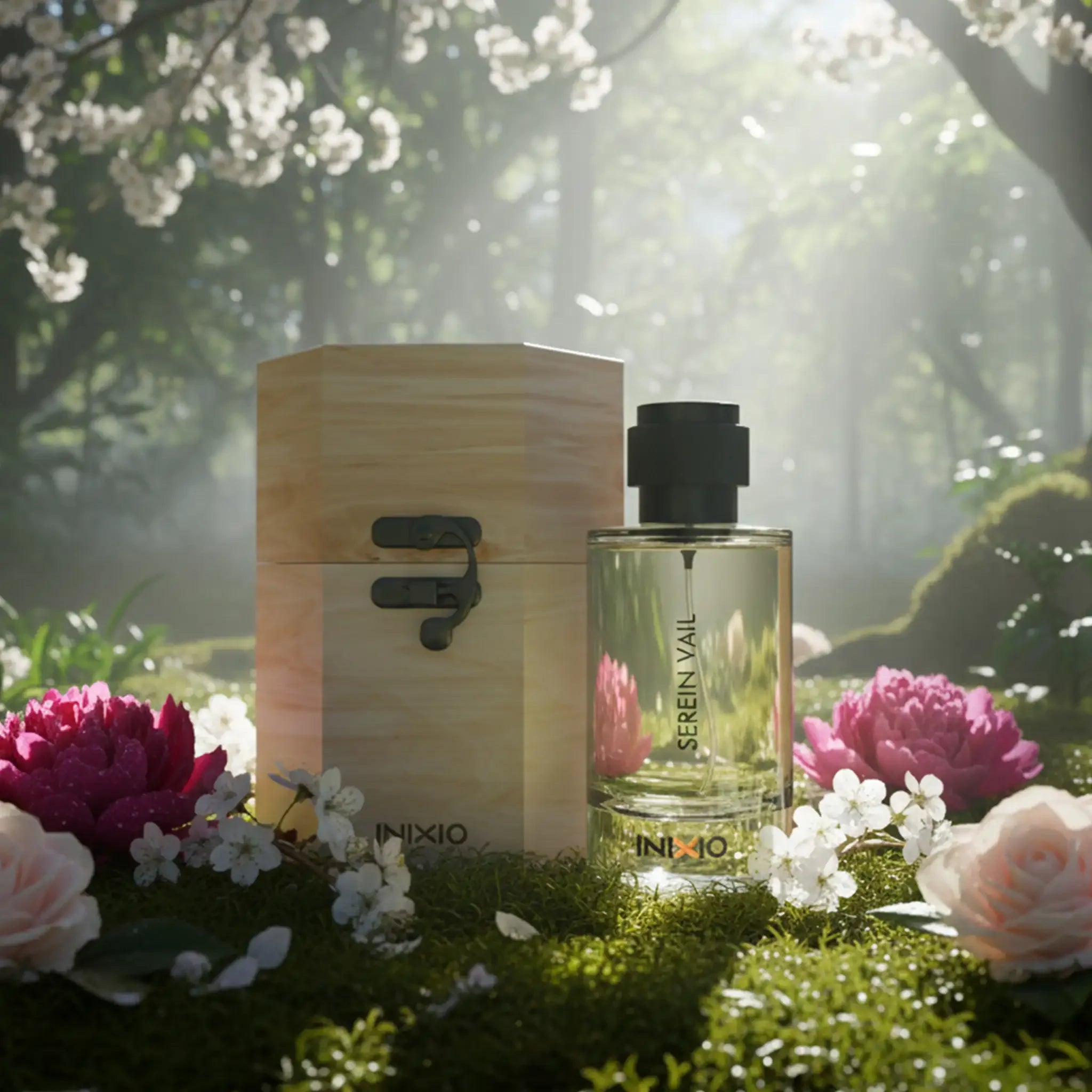 Serein Vail floral fragrance perfume bottle and wooden box in blooming garden with flowers