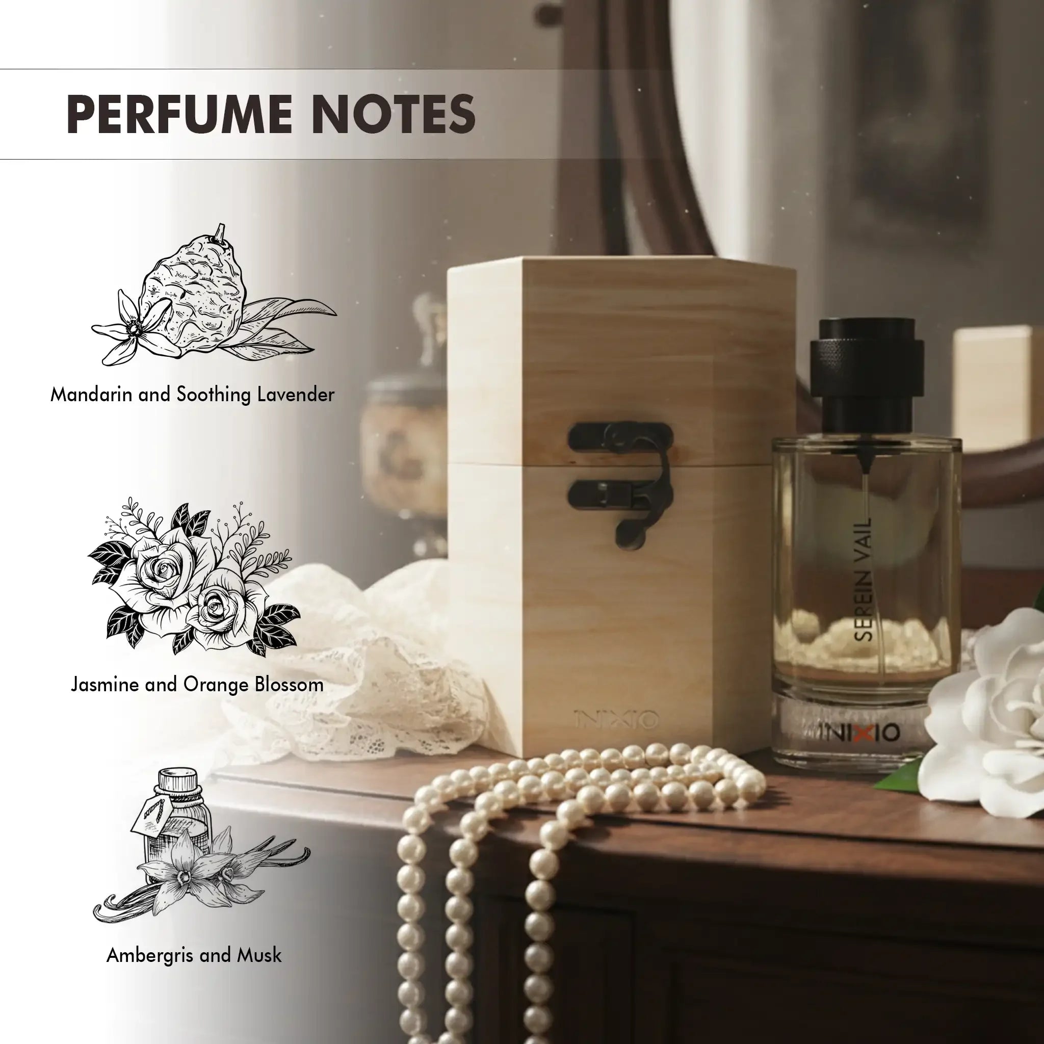 SEREIN VAIL perfume bottle with premium floral notes, wood box, lace and pearl necklace on a vanity.