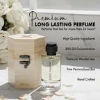 Premium unisex perfume bottle labeled Silken Shadow with wooden box, roses, and petals on marble surface.