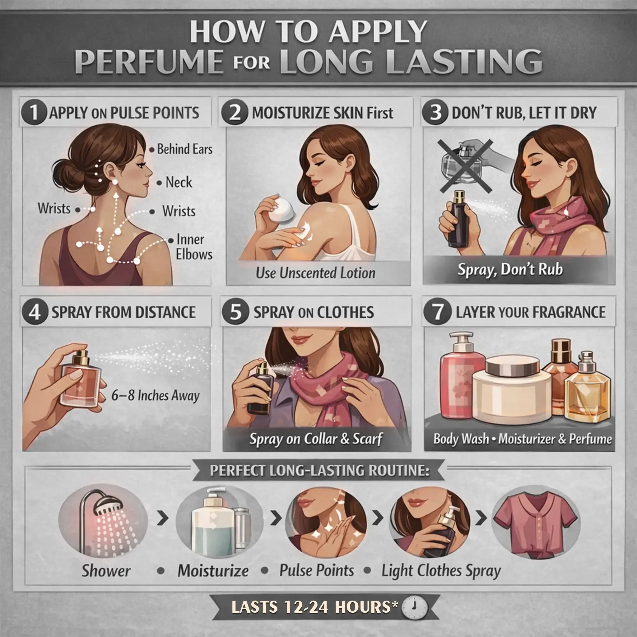 How to apply long-lasting unisex perfume infographic with application tips, steps, and illustrations.