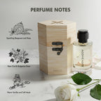 Silken Shadow perfume bottle with wooden box, white rose, and perfume notes: bergamot, Bulgarian rose, oud, vanilla, and musk.
