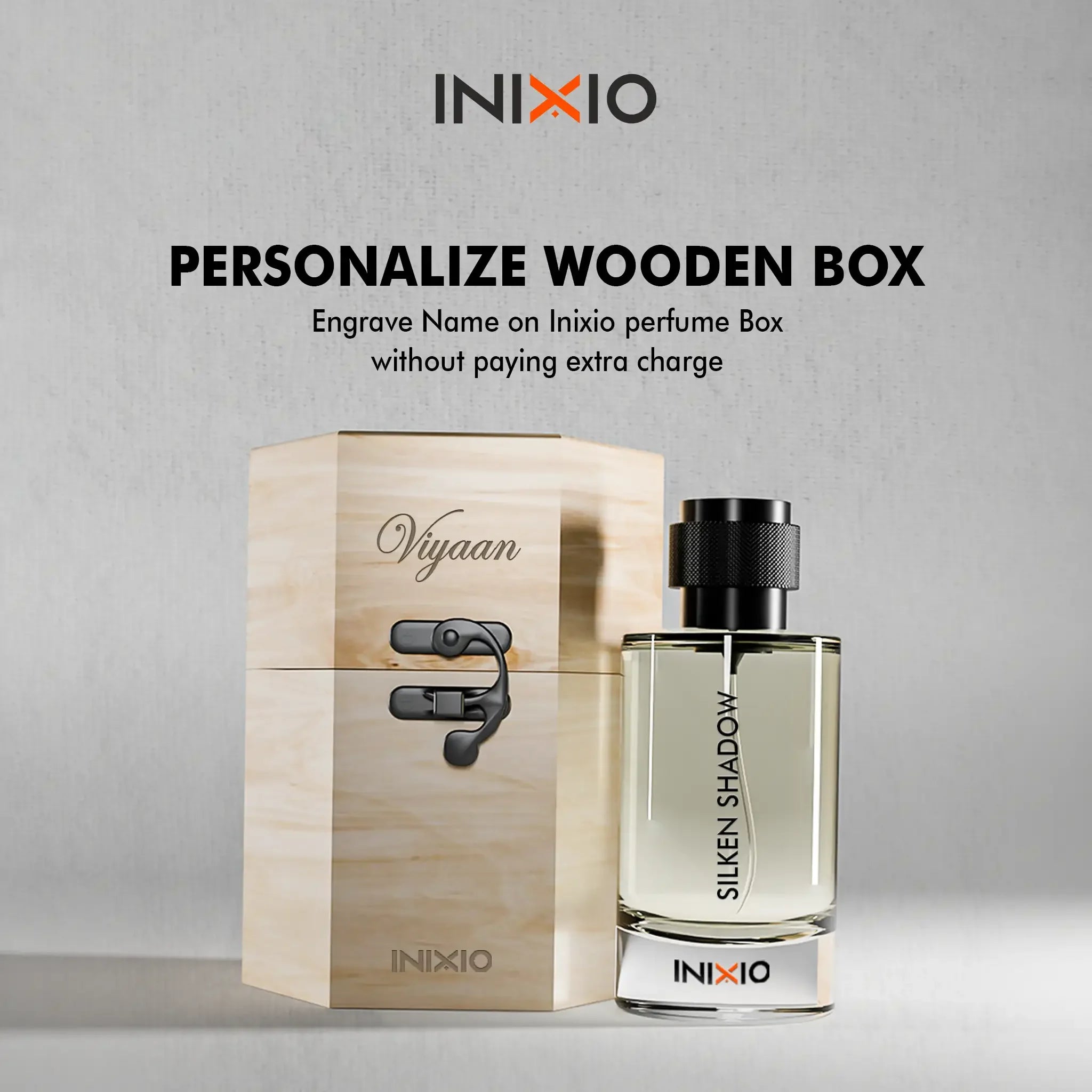 Personalized wooden perfume box with engraved name and premium Silken Shadow fragrance bottle
