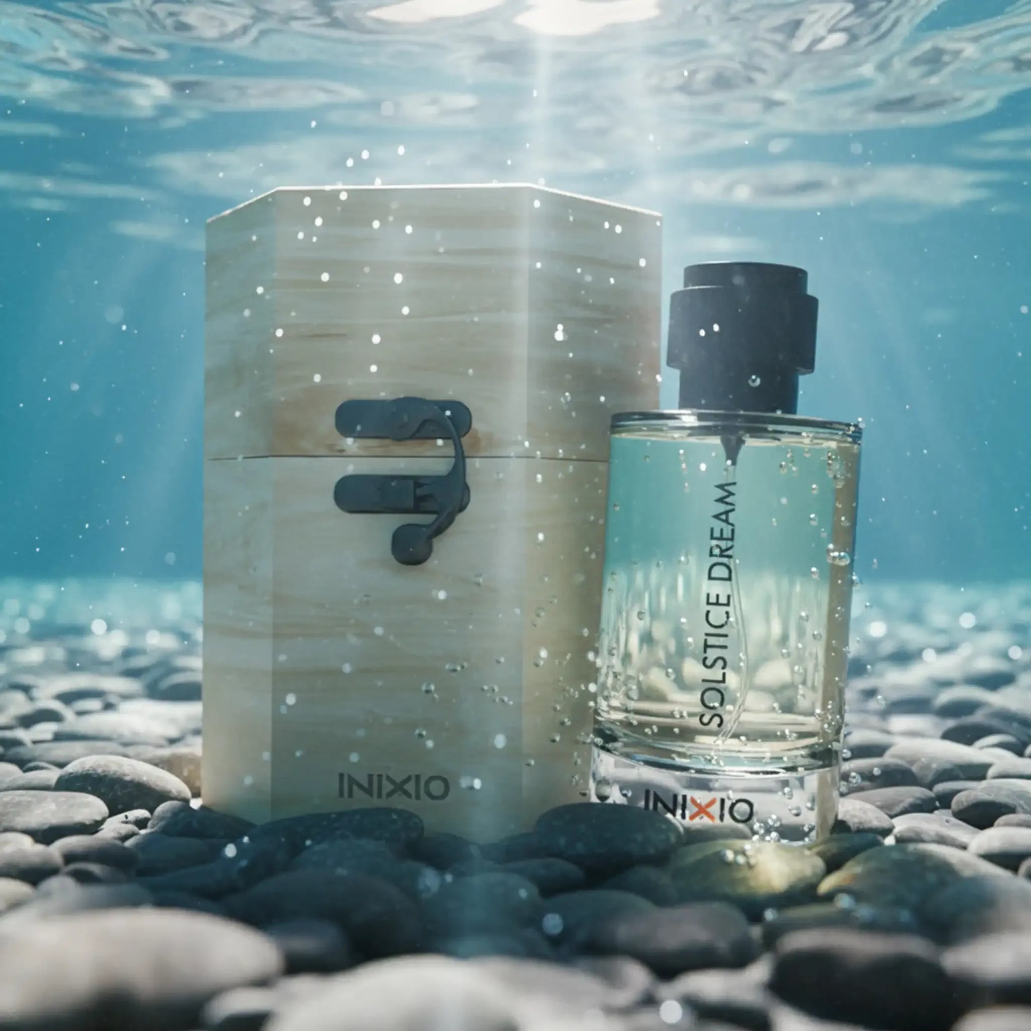 Solstice Dream aquatic perfume bottle and wooden box on underwater stones with sunlight rays