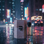 Luxury perfume bottle and wooden box on wet city street at night in the rain
