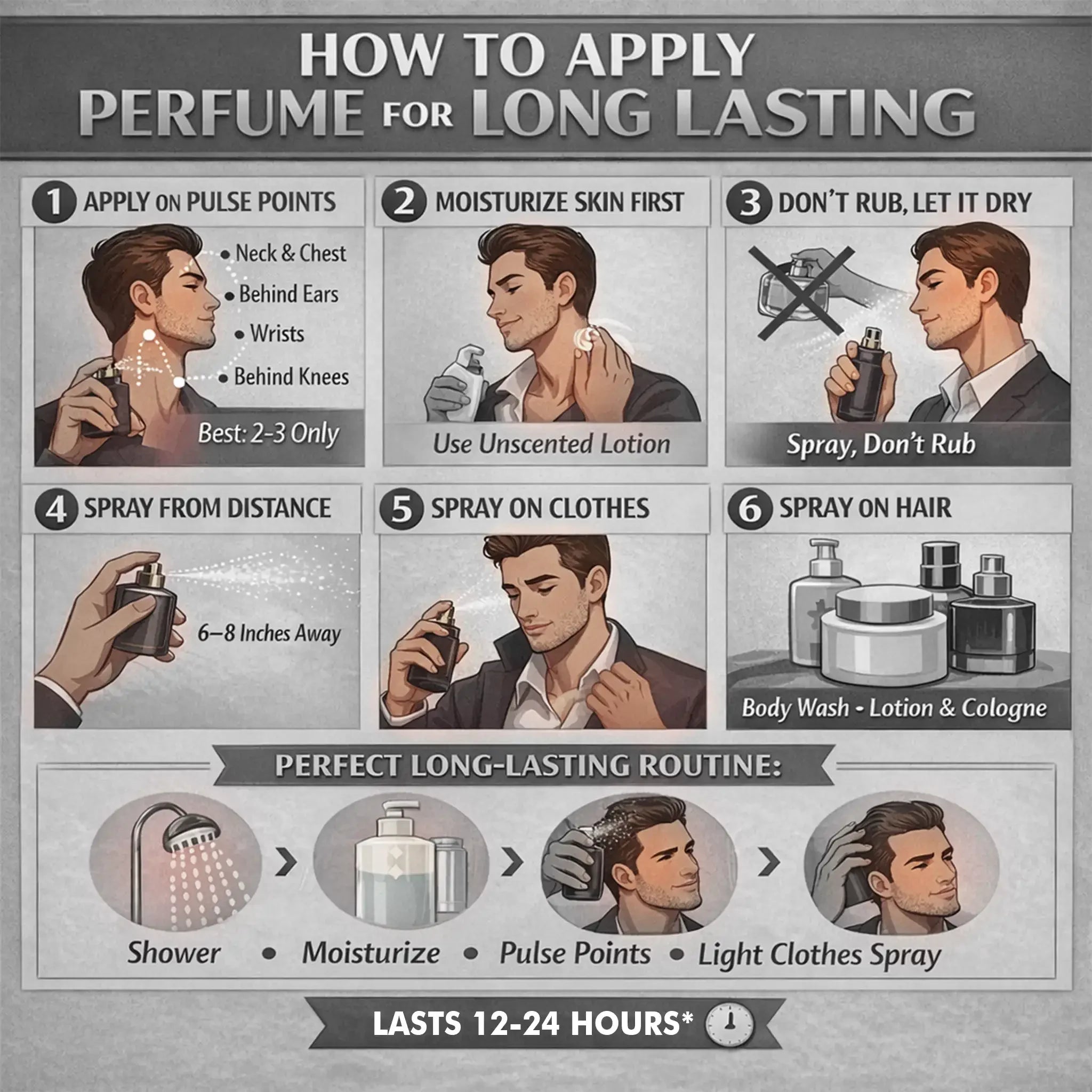 Infographic showing steps to apply perfume for long-lasting fragrance, including moisturizing, spraying on pulse points, and other tips.