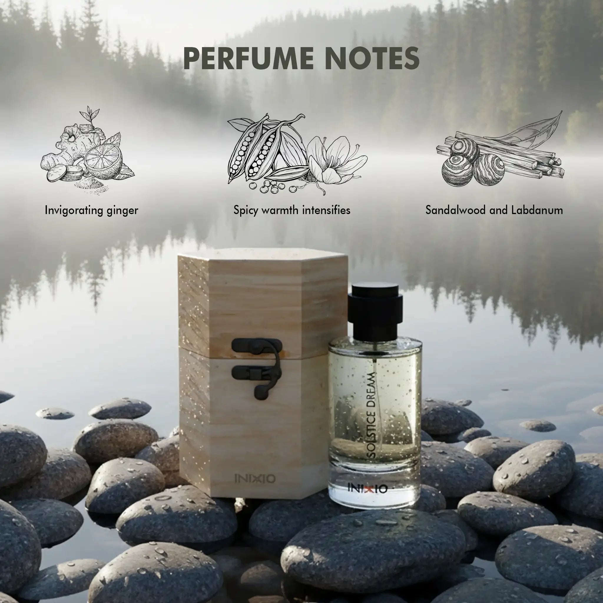Solstice Dream perfume bottle and wooden box on river rocks, perfume notes include ginger, spicy warmth, sandalwood, labdanum.