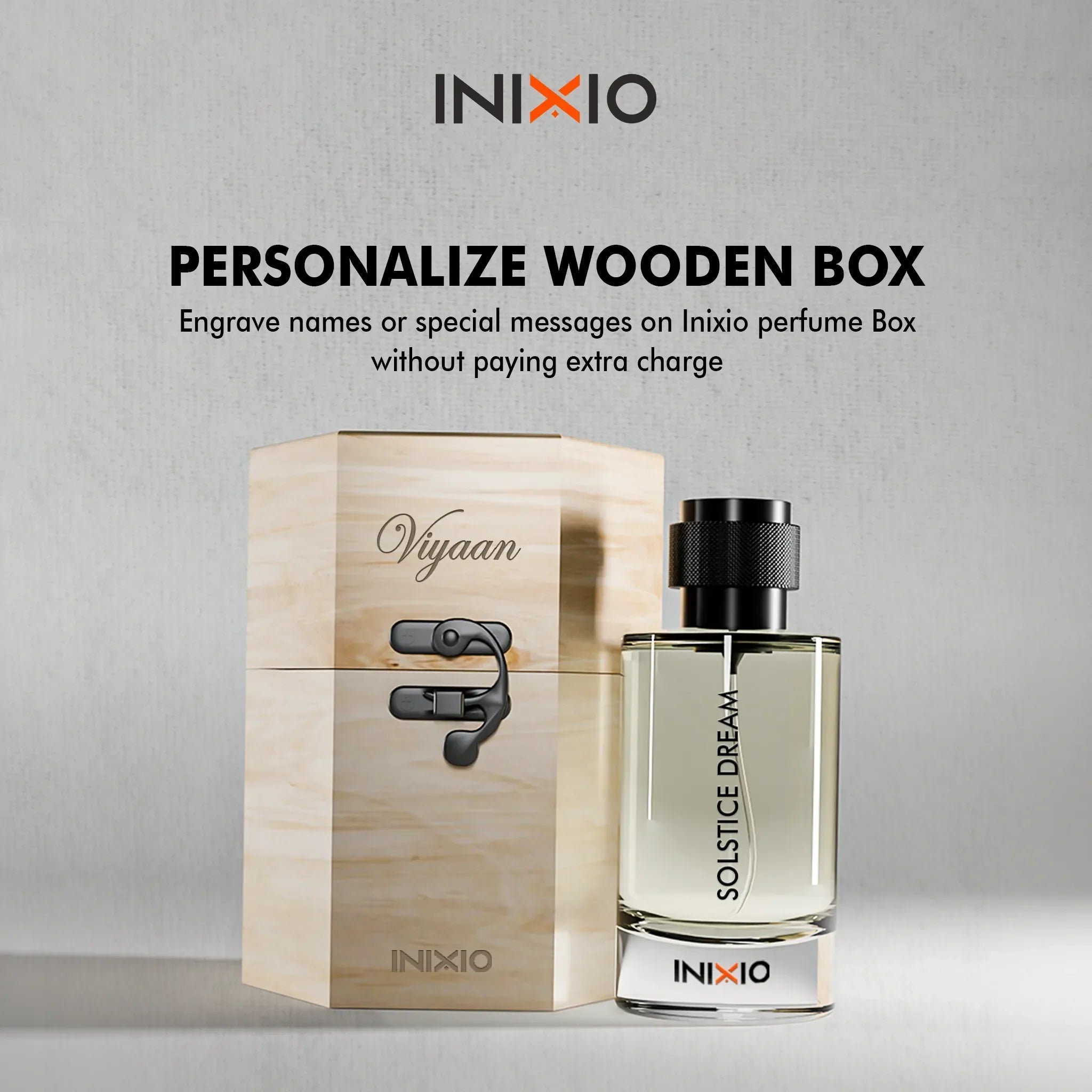 Custom engraved wooden perfume box with Solstice Dream fragrance bottle