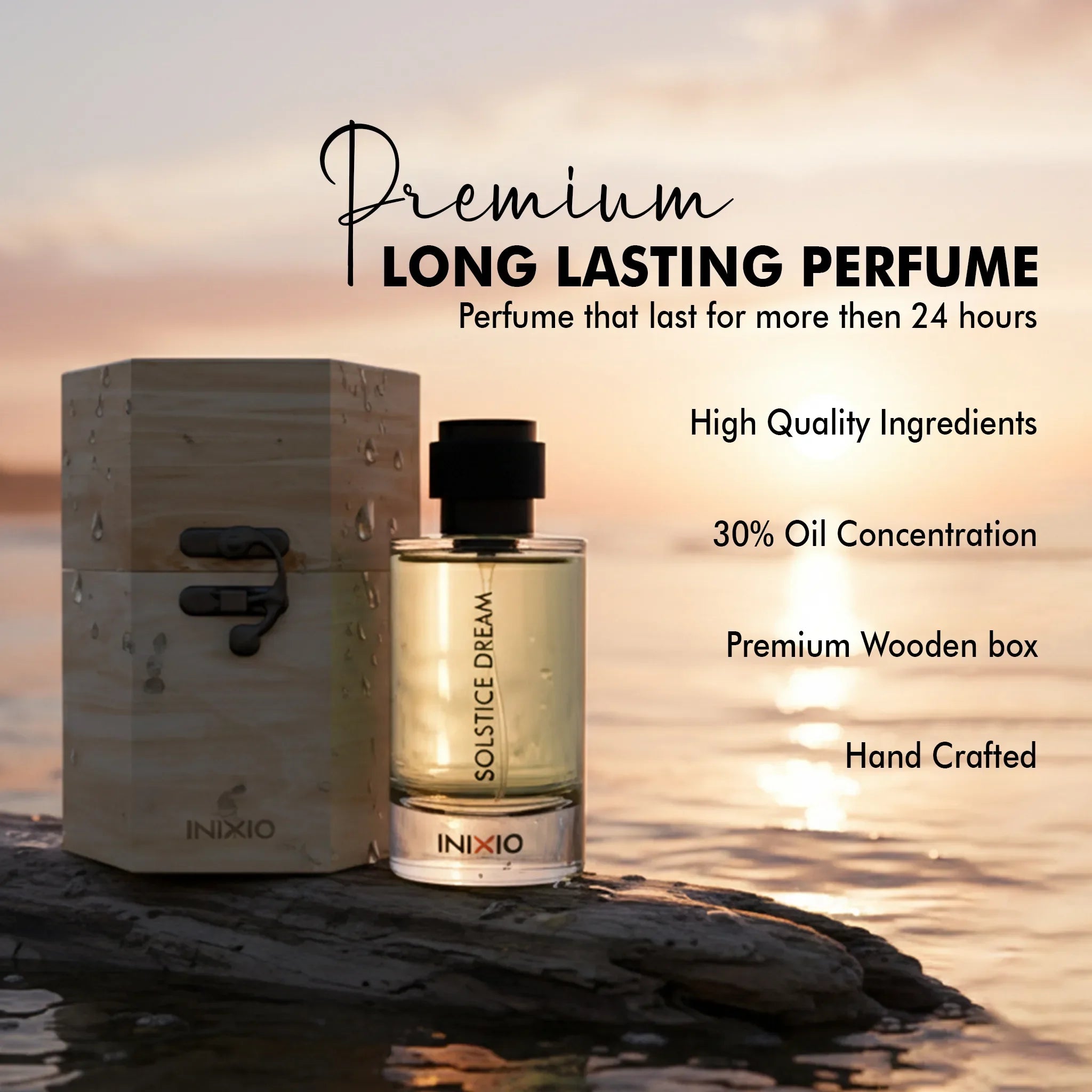 Solstice Dream extrait de parfum bottle with wooden box by the water at sunset, luxury long-lasting fragrance