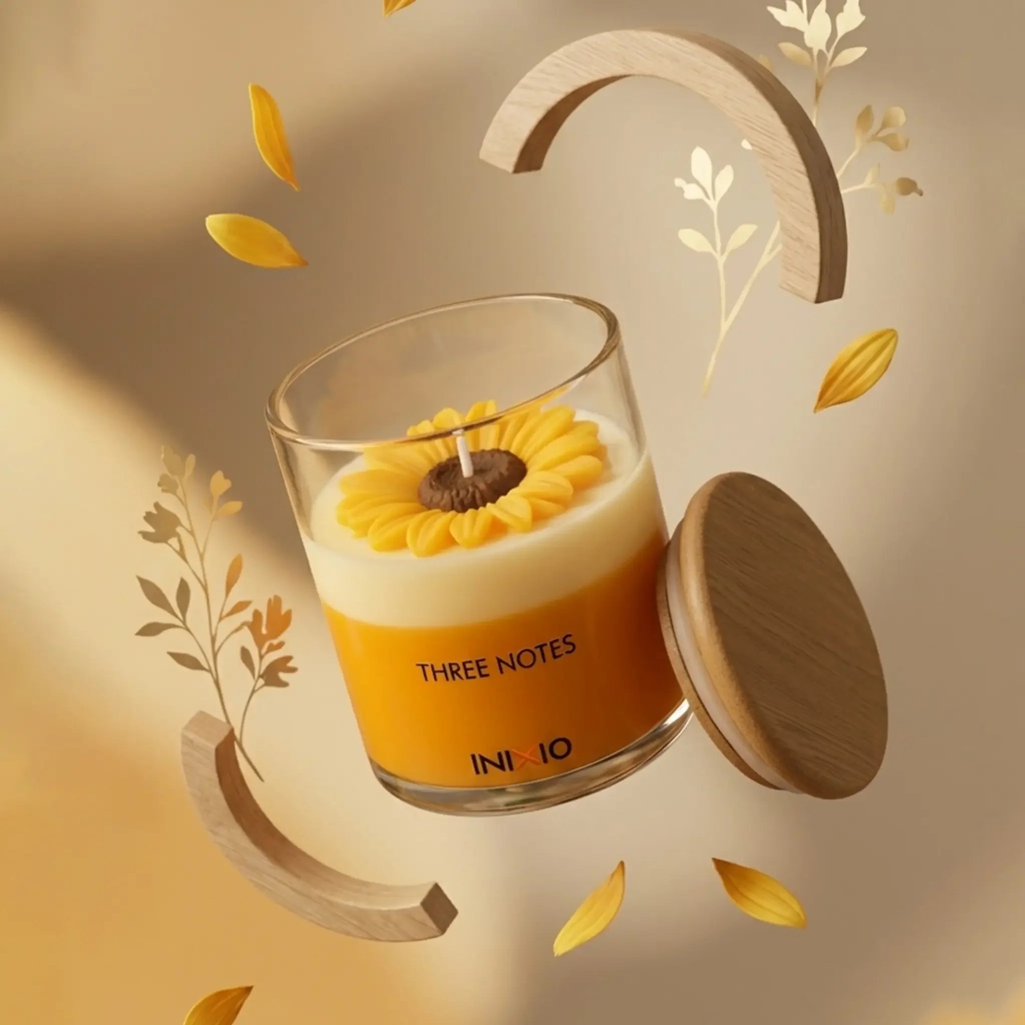 Luxury scented candle in glass jar with yellow flower design and wooden lid, soy wax