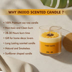 Sunflower shaped luxury soy wax scented candle in glass with benefits listed beside it