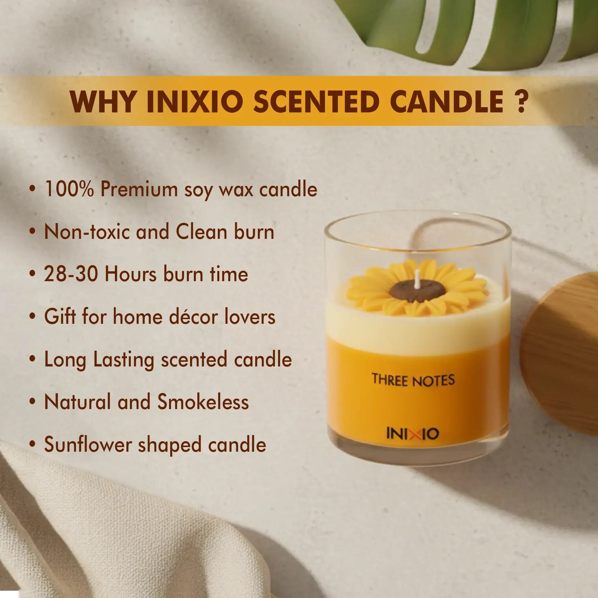 Sunflower shaped luxury soy wax scented candle in glass with benefits listed beside it