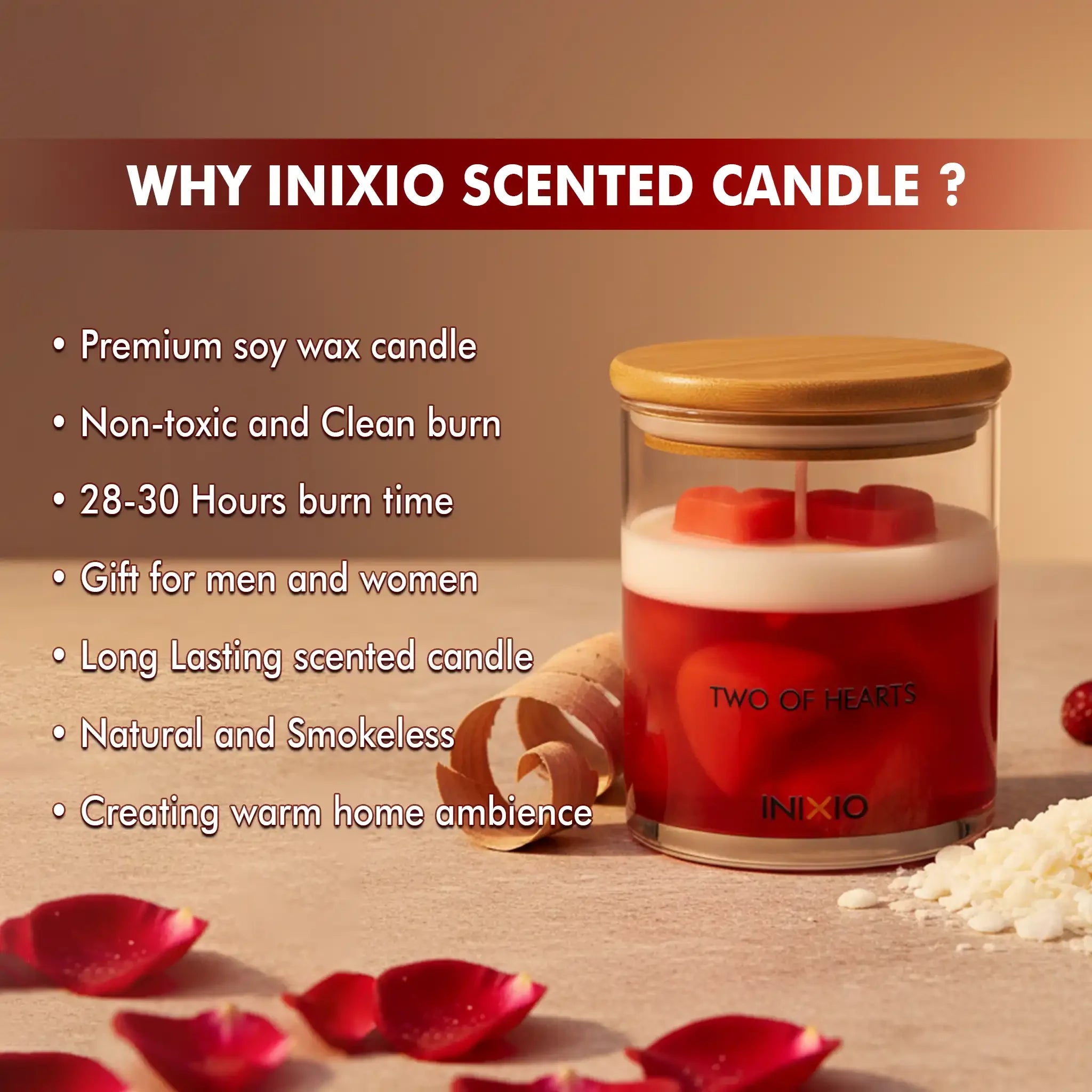 Red and white soy wax candle with heart shapes in glass jar, surrounded by rose petals, wood shavings, and wax beads.
