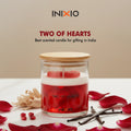 Two of Hearts scented soy wax candle in glass jar with rose petals and vanilla beans
