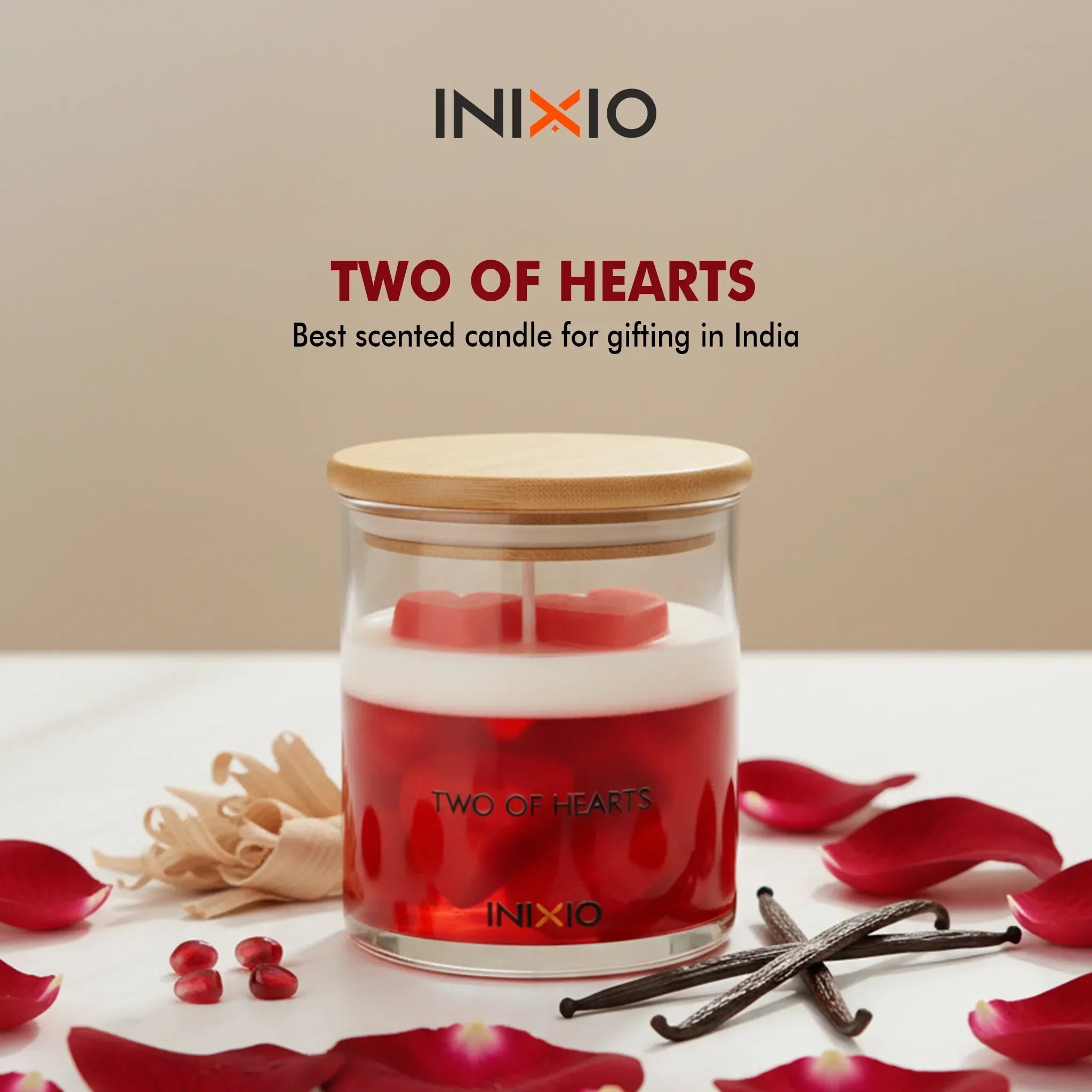Two of Hearts scented soy wax candle in glass jar with rose petals and vanilla beans