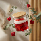 Heart-shaped scented soy wax candle in glass jar with wood lid, surrounded by red hearts and eucalyptus