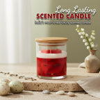 Luxury soy wax scented candle with wooden lid, red and white layers, labeled Two of Hearts