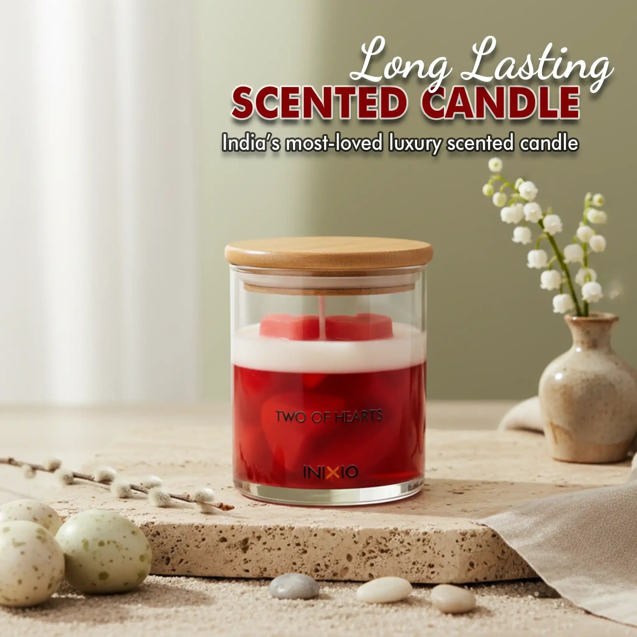 Luxury soy wax scented candle with wooden lid, red and white layers, labeled Two of Hearts