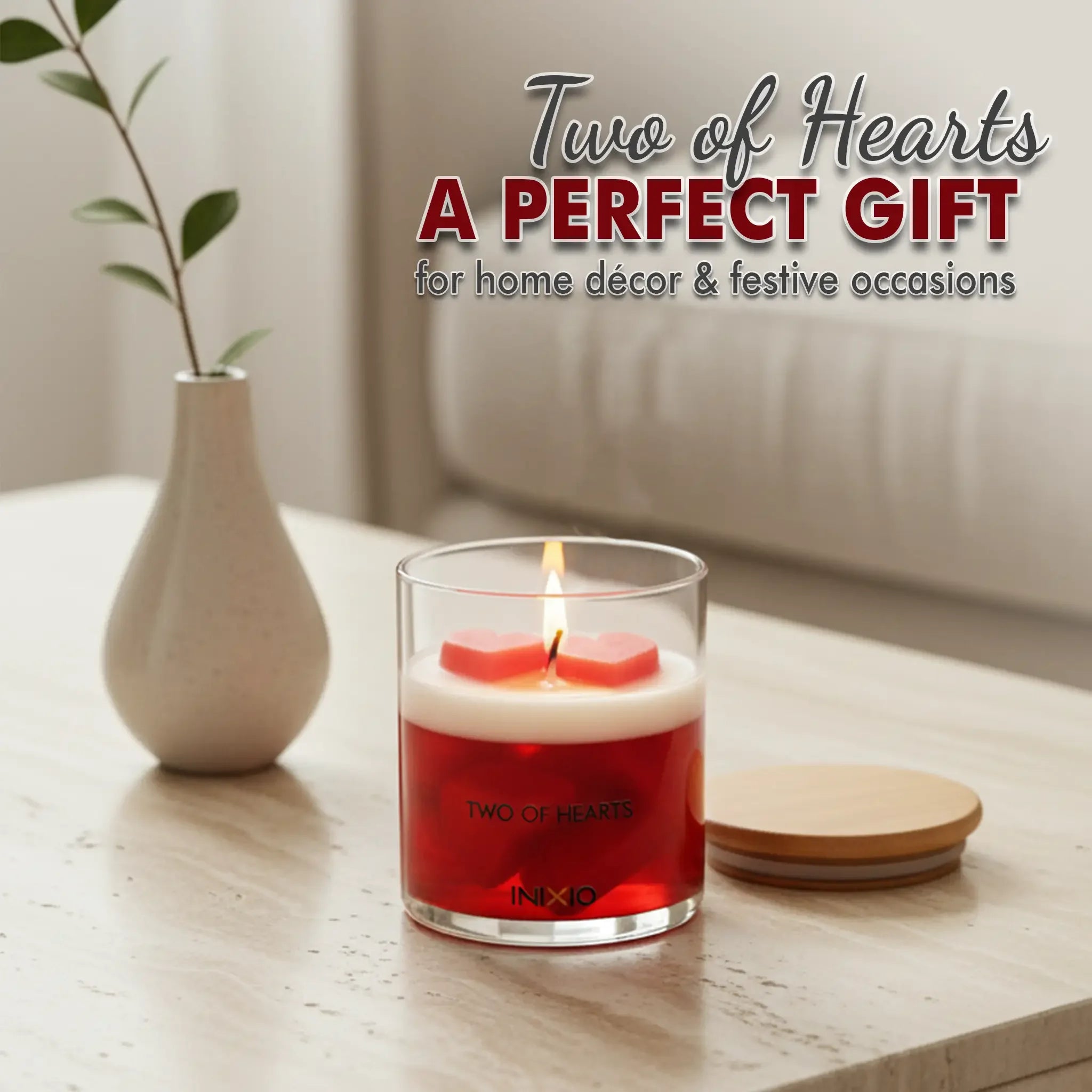 Two of Hearts red and white scented candle with heart shapes, perfect for home decor gifting